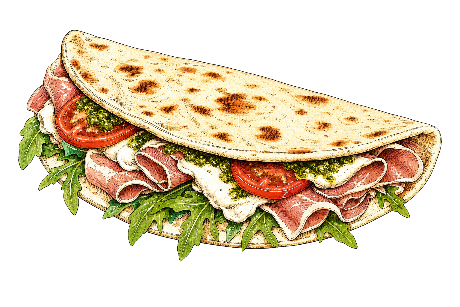 Hand-drawn illustration of piadina Romagnola folded with prosciutto, soft cheese, arugula, tomato, and pesto.