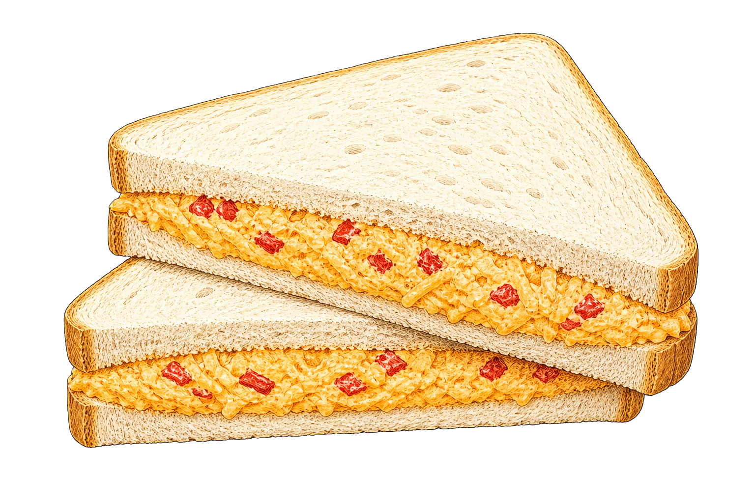 Hand-drawn illustration of a pimento cheese sandwich with soft white bread and orange cheddar pimento spread.