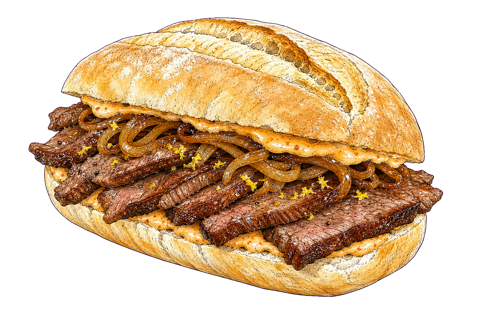 Hand-drawn illustration of a Portuguese prego roll with seared garlic steak, onions, piri-piri mayonnaise, and lemon zest.