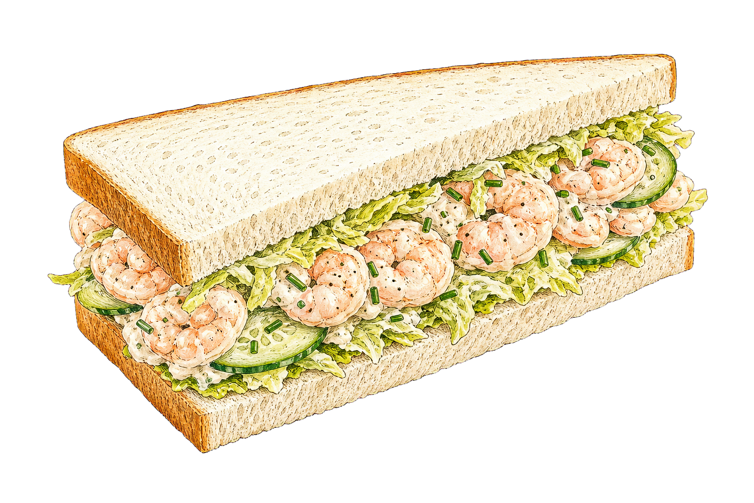 Hand-drawn illustration of a prawn mayo sandwich with soft white bread, prawns, lettuce, cucumber, and chives.