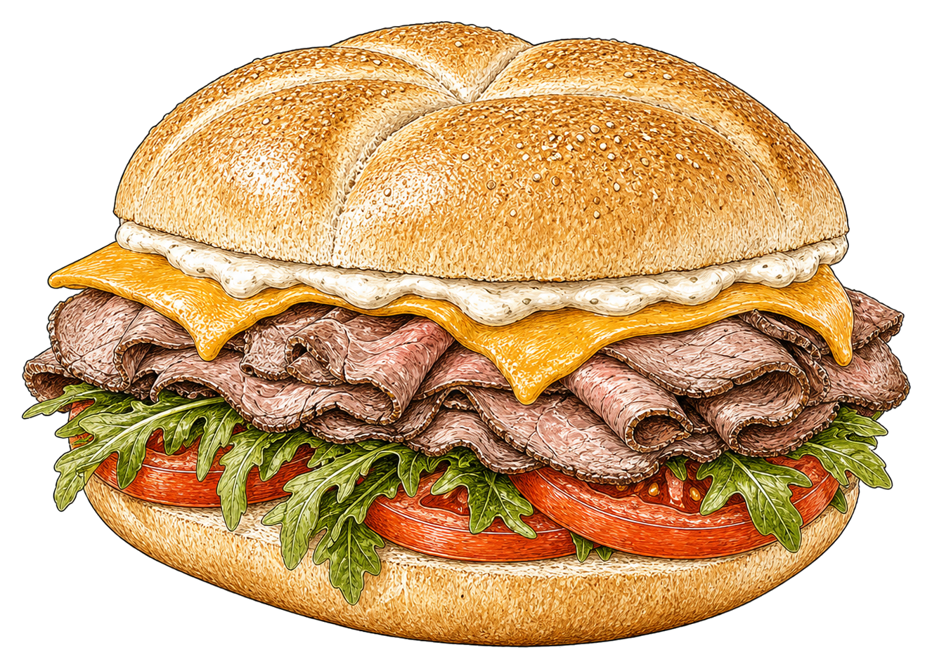 Hand-drawn illustration of a roast beef and horseradish sandwich with cheddar, arugula, and tomato.