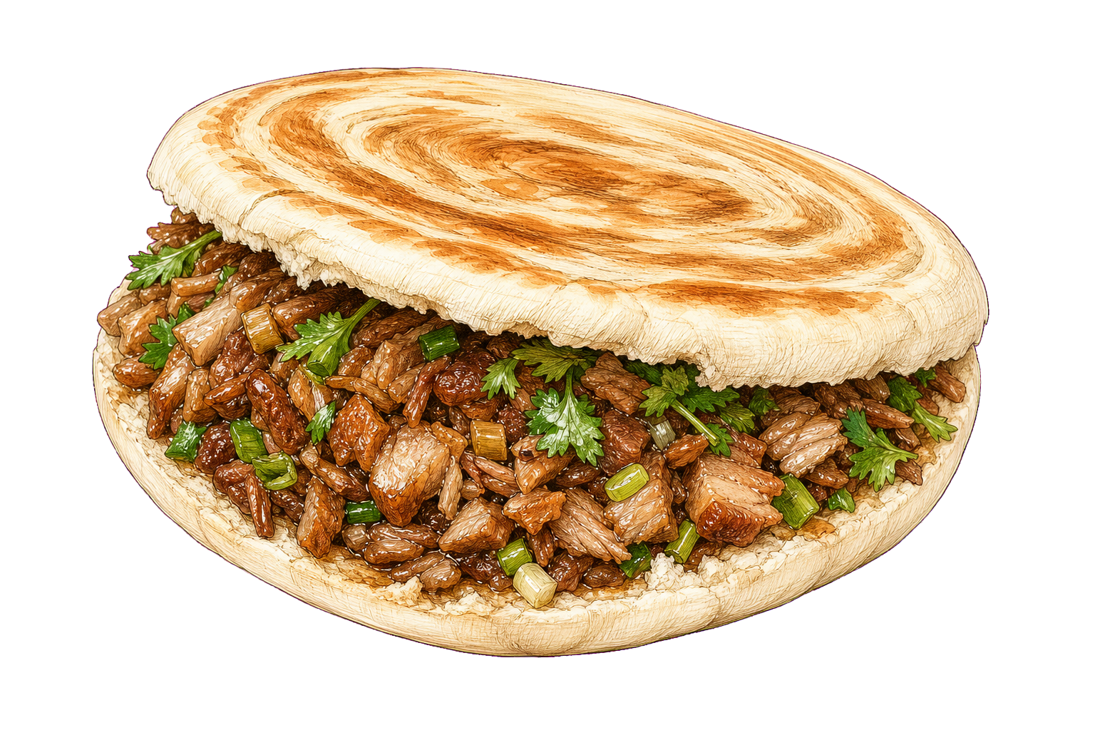 Hand-drawn illustration of rou jia mo with griddled flatbread, chopped braised pork, scallions, cilantro, and five-spice juices.