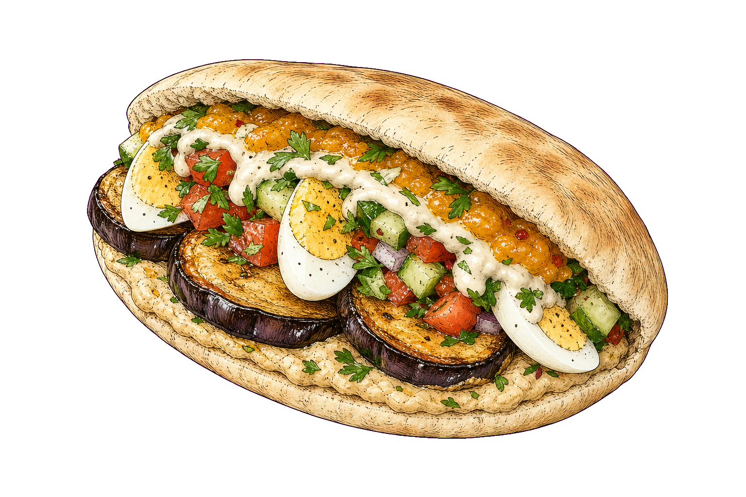 Hand-drawn illustration of a sabich pita with eggplant, hard-boiled egg, cucumber-tomato salad, hummus, tahini, parsley, and amba.