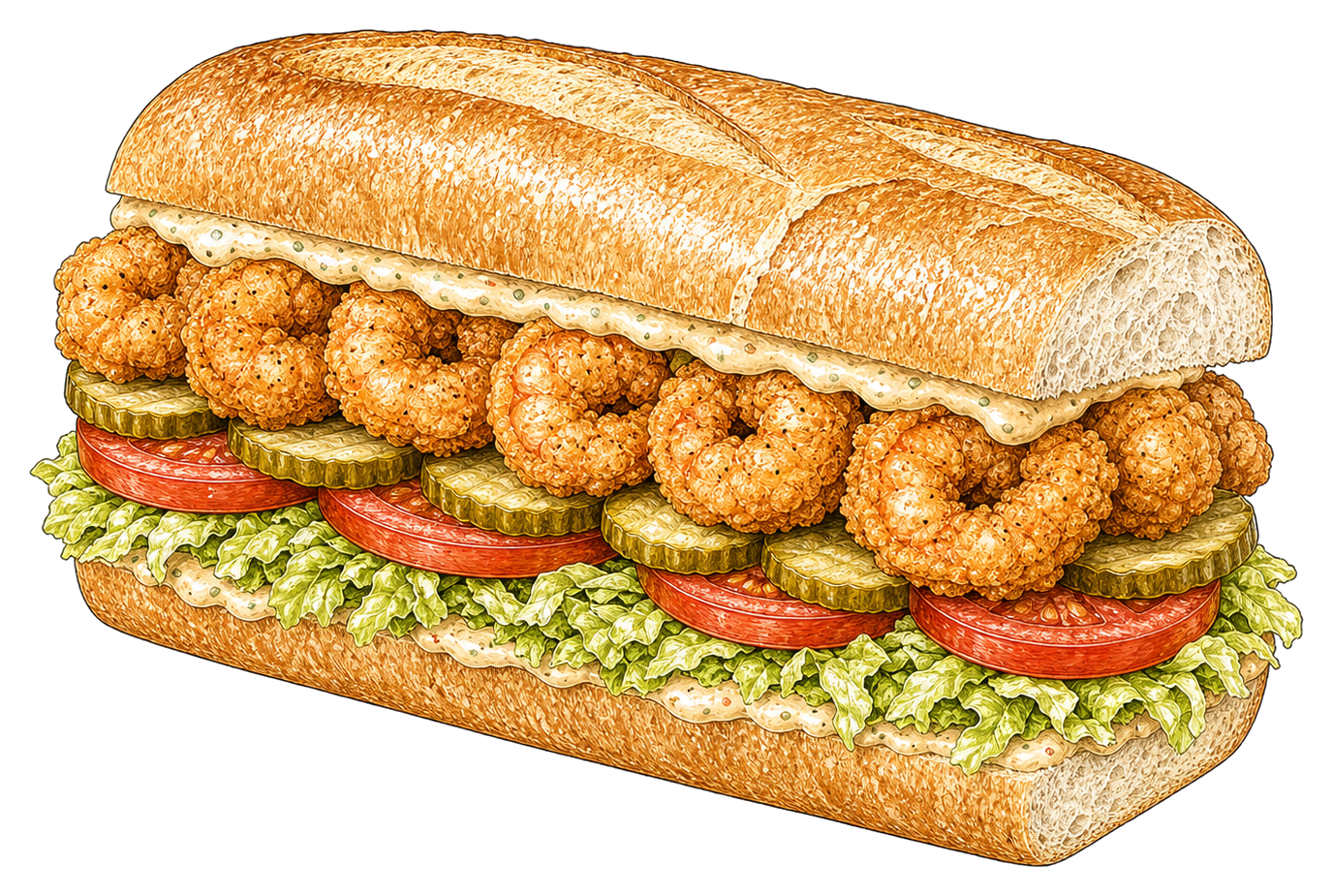 Hand-drawn illustration of a shrimp po' boy with fried shrimp, lettuce, tomato, pickles, and remoulade.