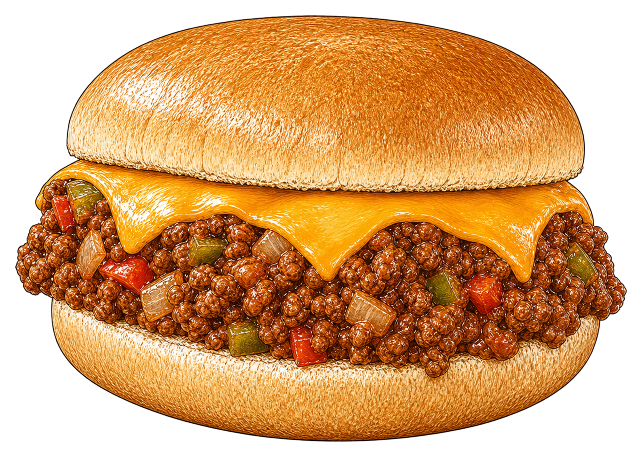 Hand-drawn illustration of a Sloppy Joe sandwich with seasoned ground beef, tomato sauce, onion, bell pepper, and cheddar.