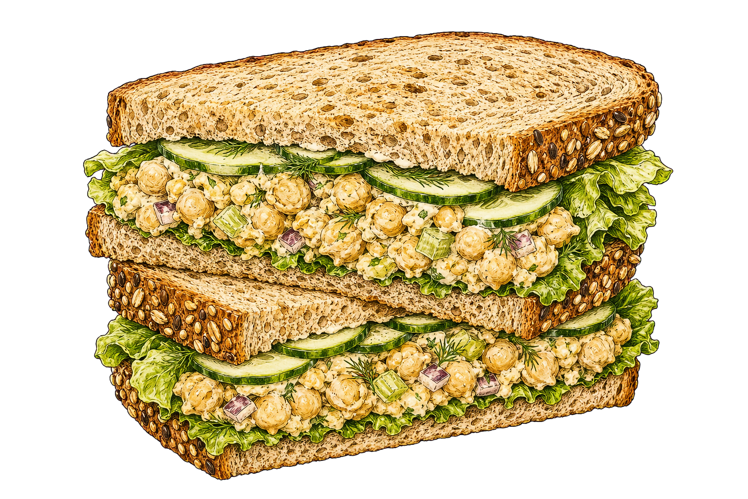 Hand-drawn illustration of a smashed chickpea salad sandwich with whole-grain bread, cucumber, lettuce, celery, red onion, and dill.