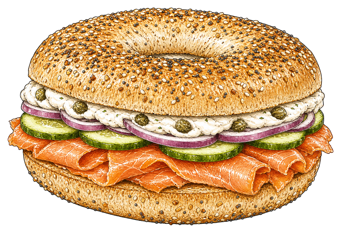 Hand-drawn illustration of a smoked salmon bagel sandwich with cream cheese, capers, red onion, and cucumber.