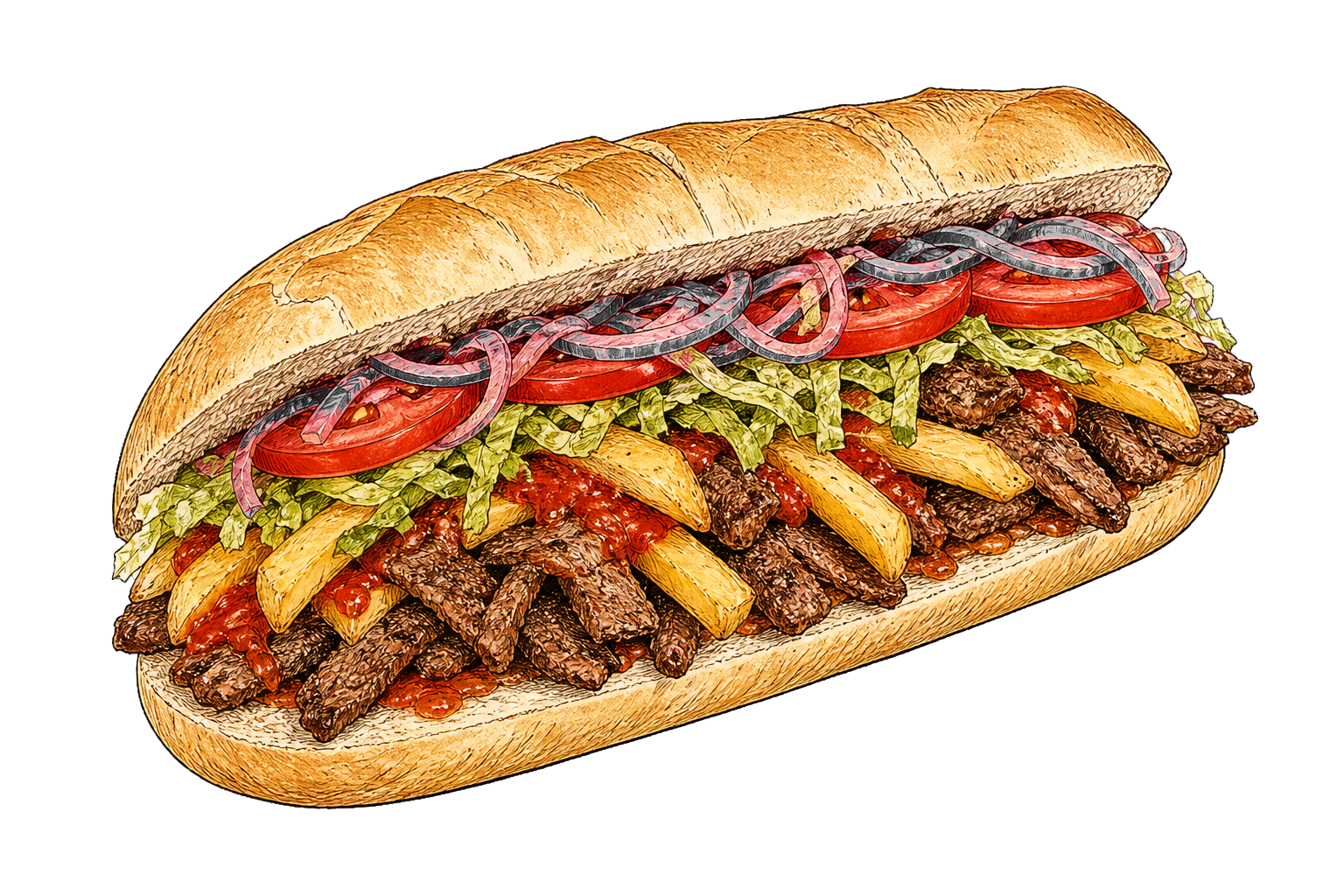 Hand-drawn illustration of a South African Gatsby sandwich with steak, fries, lettuce, tomato, and peri-peri sauce.