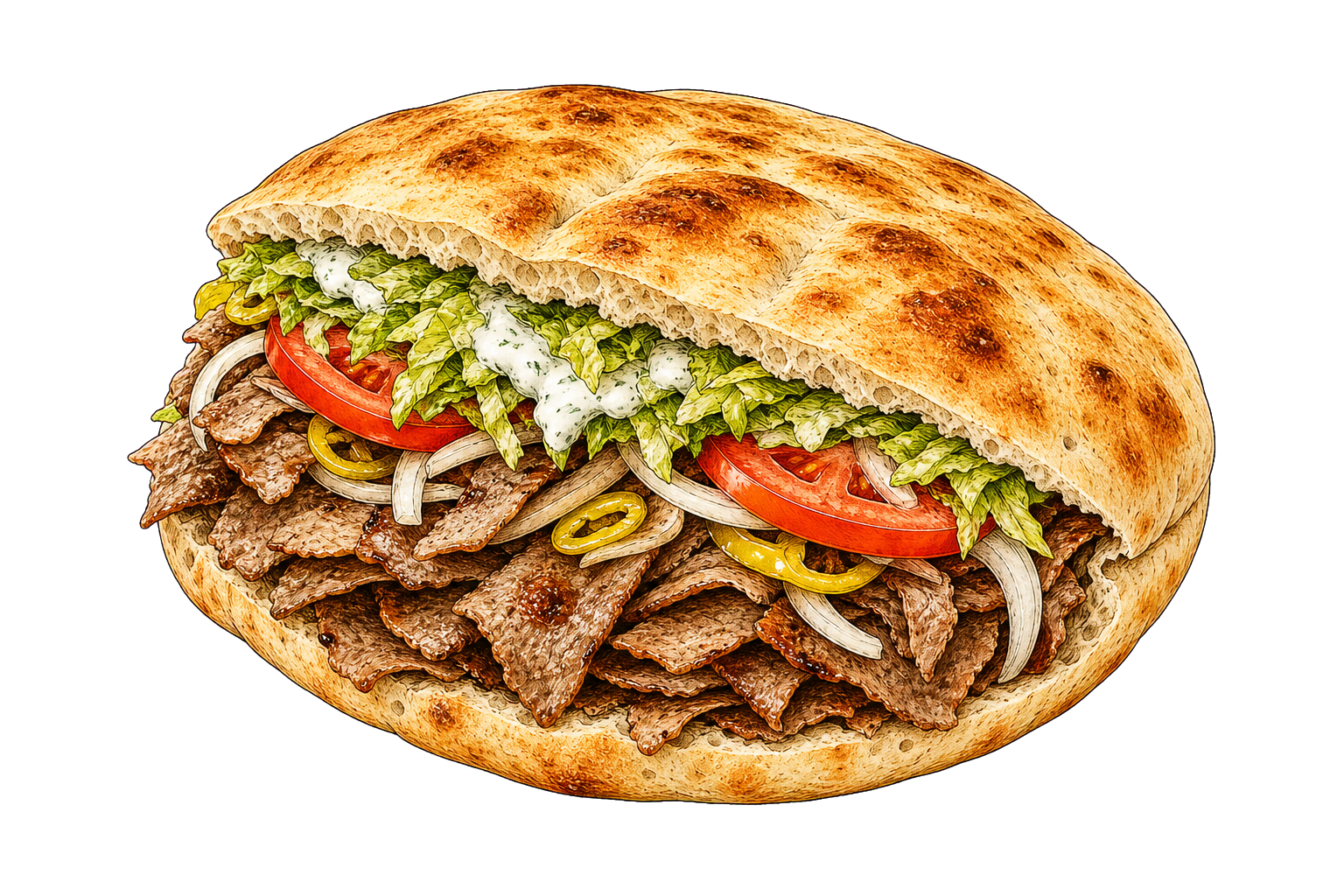 Hand-drawn illustration of a tombik doner sandwich with puffy bread, shaved doner meat, tomato, onion, lettuce, pickled peppers, and yogurt sauce.