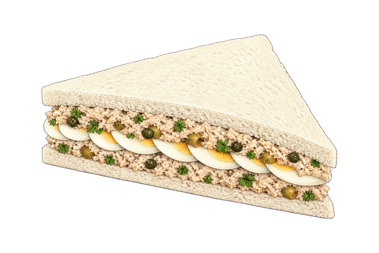 Hand-drawn illustration of a tuna tramezzino with soft crustless bread, tuna mayonnaise, olives, capers, egg, and parsley.
