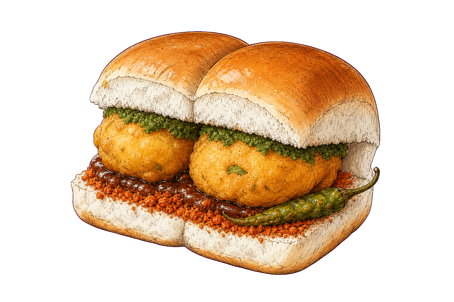 Hand-drawn illustration of vada pav with soft pav buns, spiced potato fritters, green chutney, tamarind chutney, and dry garlic chutney.