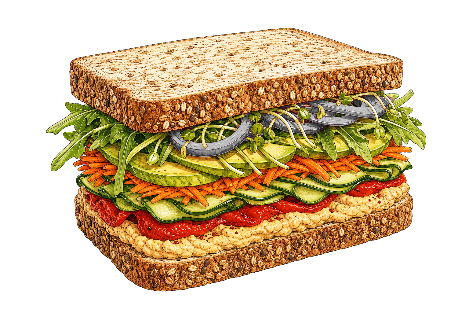 Hand-drawn illustration of a veggie hummus sandwich with whole-grain bread, hummus, roasted peppers, cucumber, carrot, avocado, sprouts, arugula, and pickled onion.