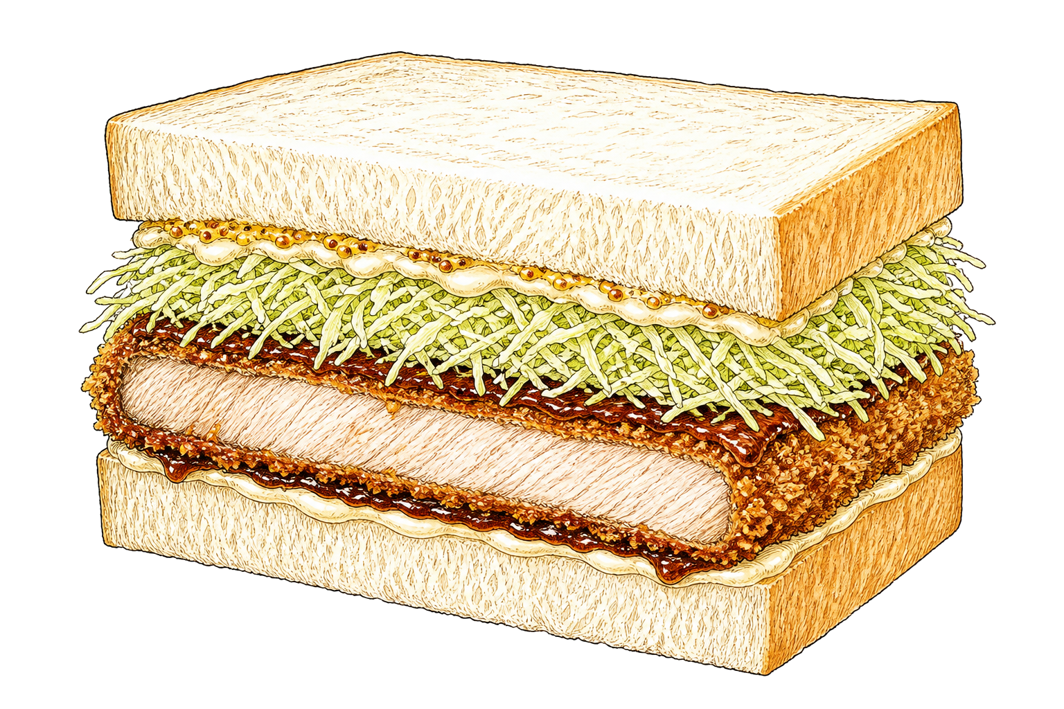 Hand-drawn illustration of a katsu sando with crisp cutlet, cabbage, and tonkatsu sauce.