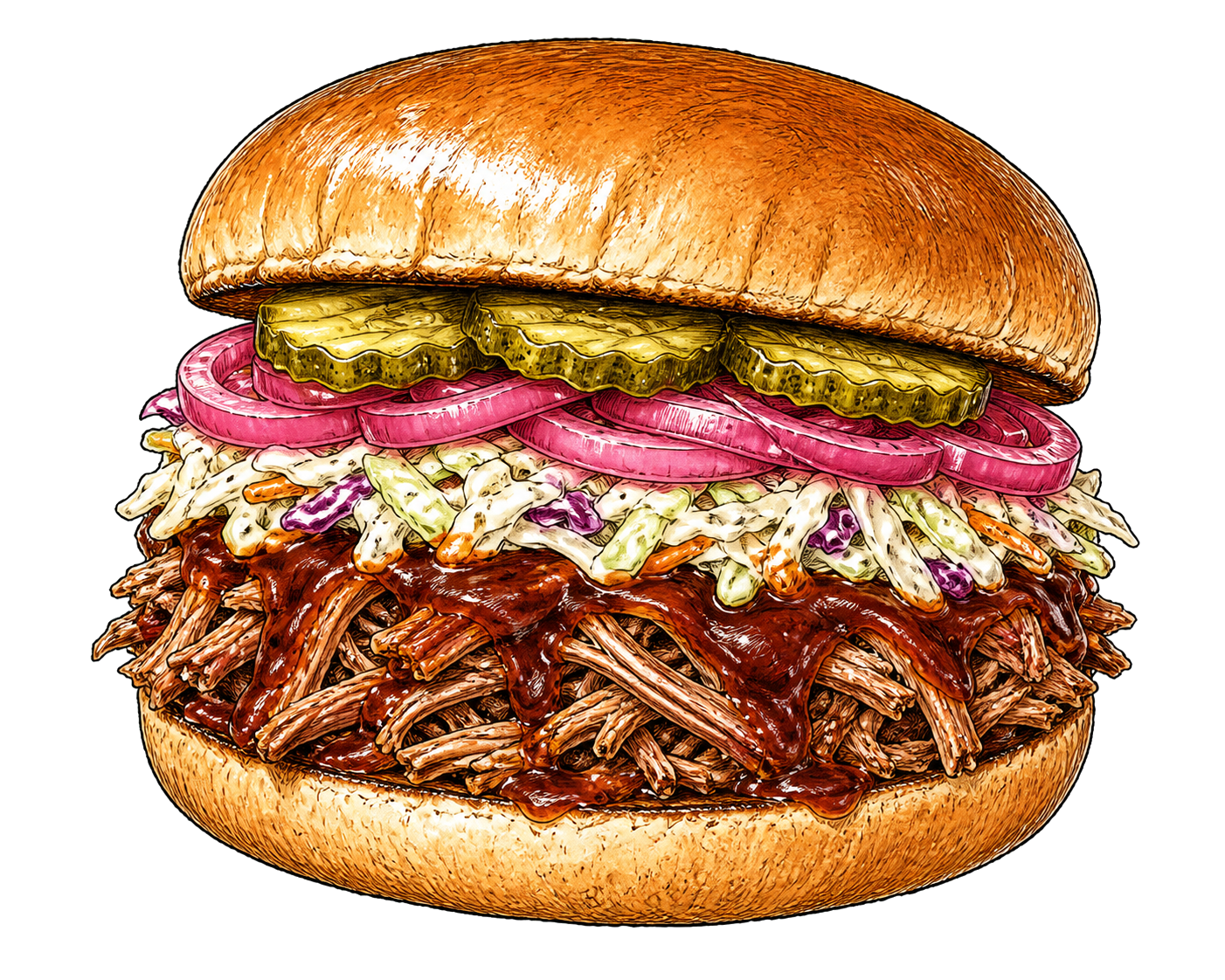 Hand-drawn illustration of a pulled pork BBQ sandwich with coleslaw and pickles.
