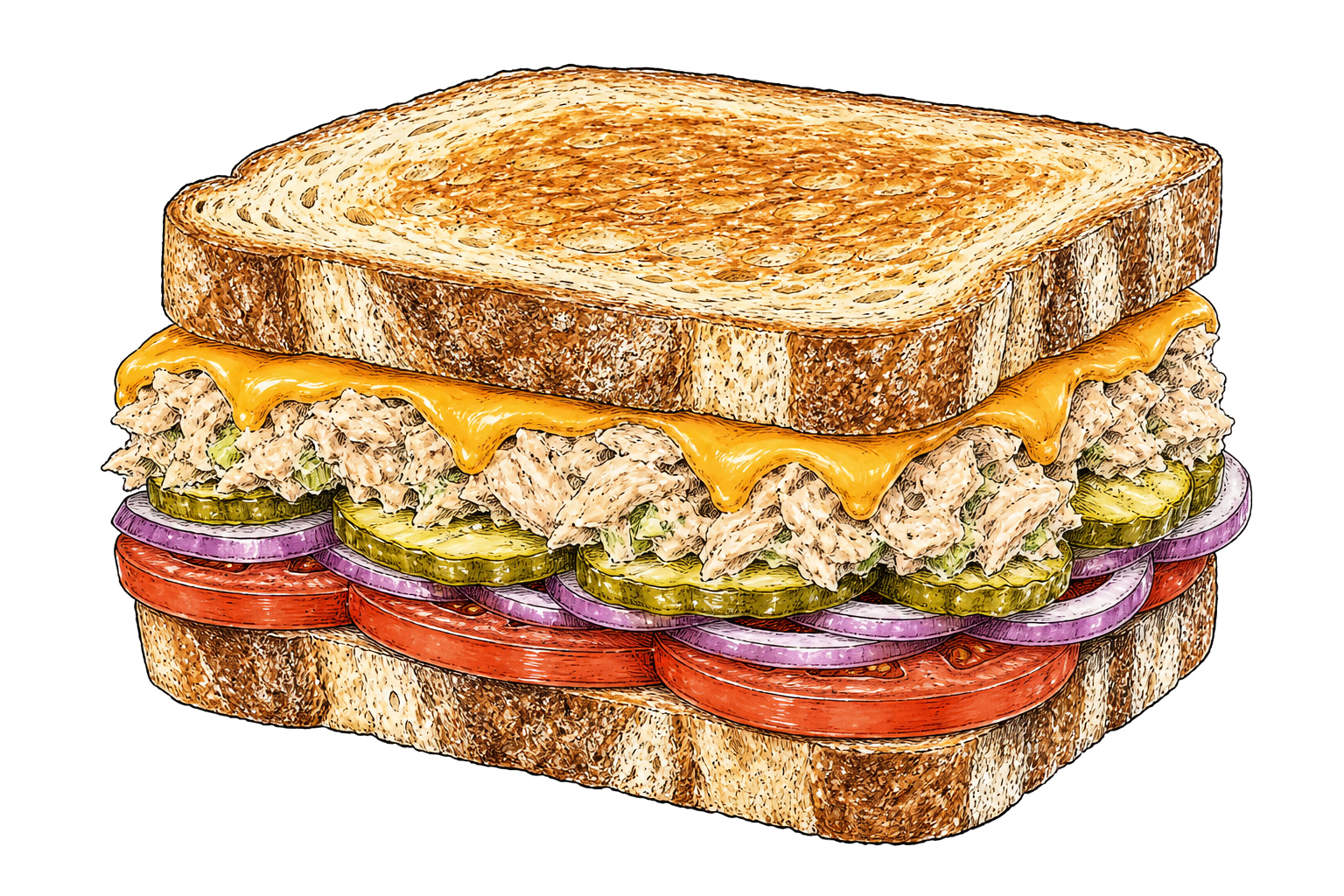 Hand-drawn illustration of a tuna melt with cheddar, tomato, pickles, and red onion.
