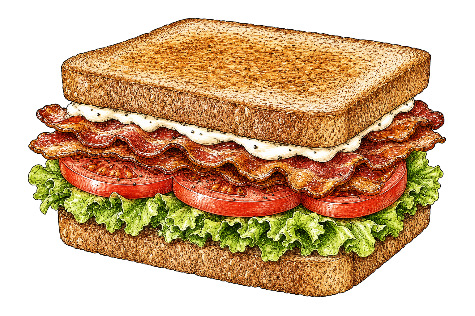 Hand-drawn illustration of an Ultimate BLT with bacon, lettuce, tomato, and mayonnaise.